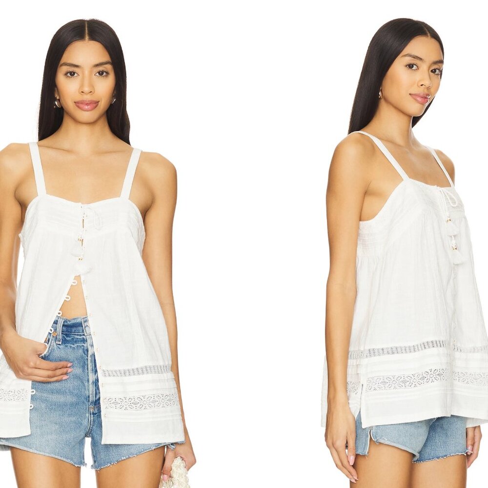 Spell White Lace-Trim Cotton Tank Top